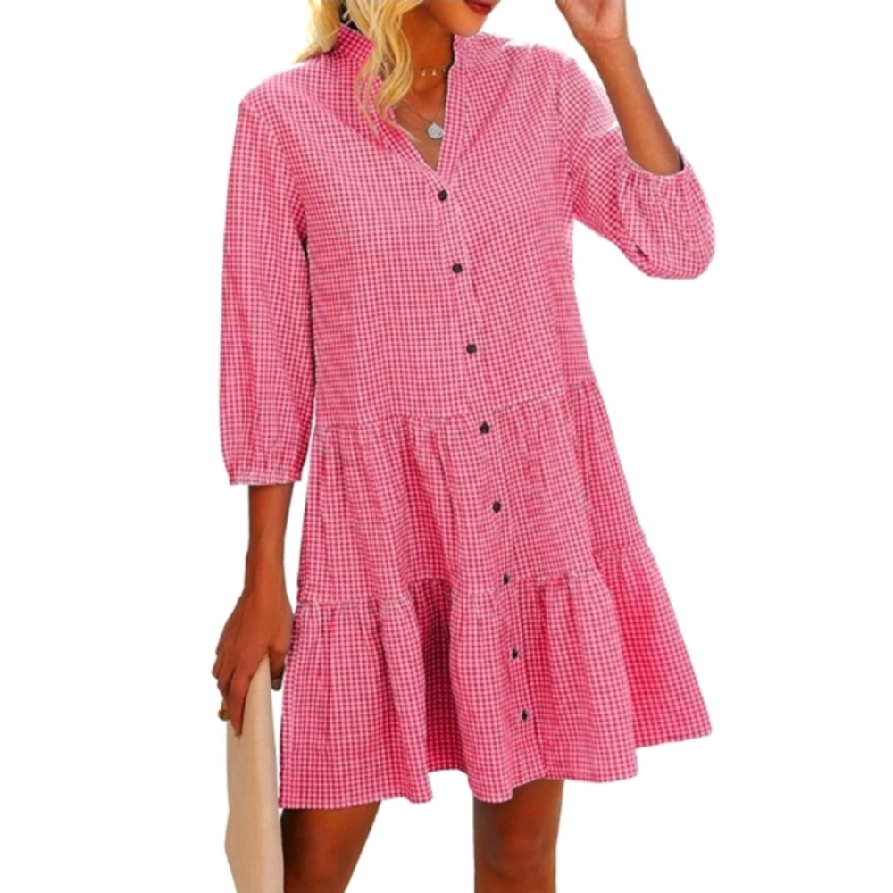 Womens button down, v-neck, 3/4 sleeve, gingham summer shirt dress (L)